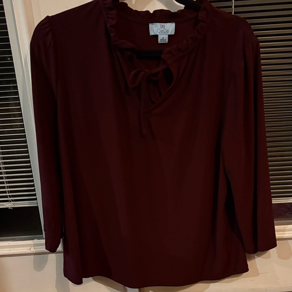 CeCe Deep Burgundy Ruffled Blouse